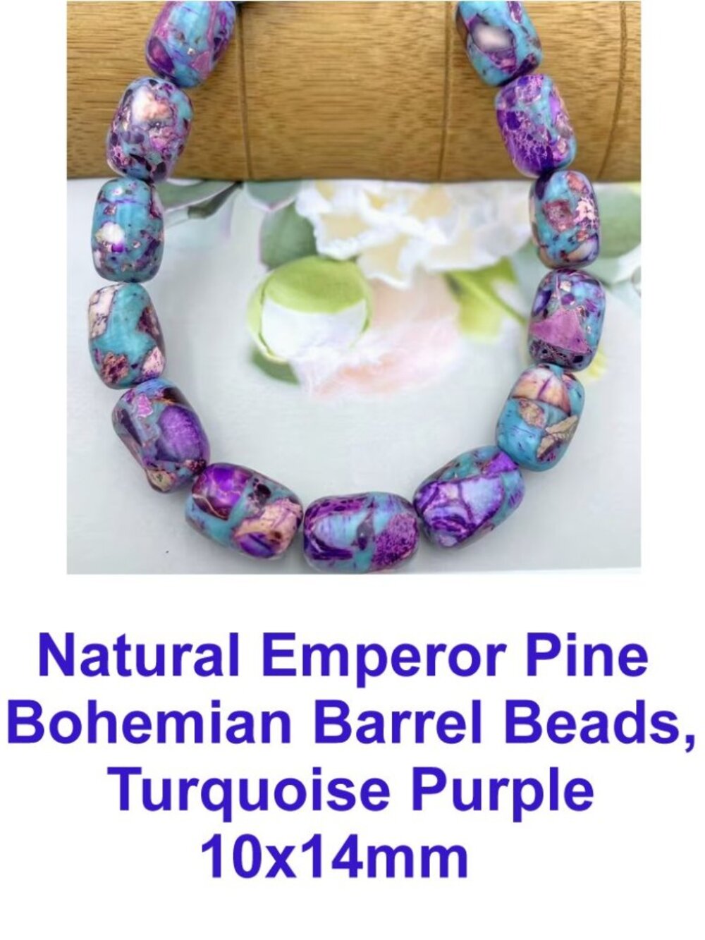 Natural Emperor Pine Bohemian Barrel Beads, Turquoise Purple 10x14mm 13 Beads